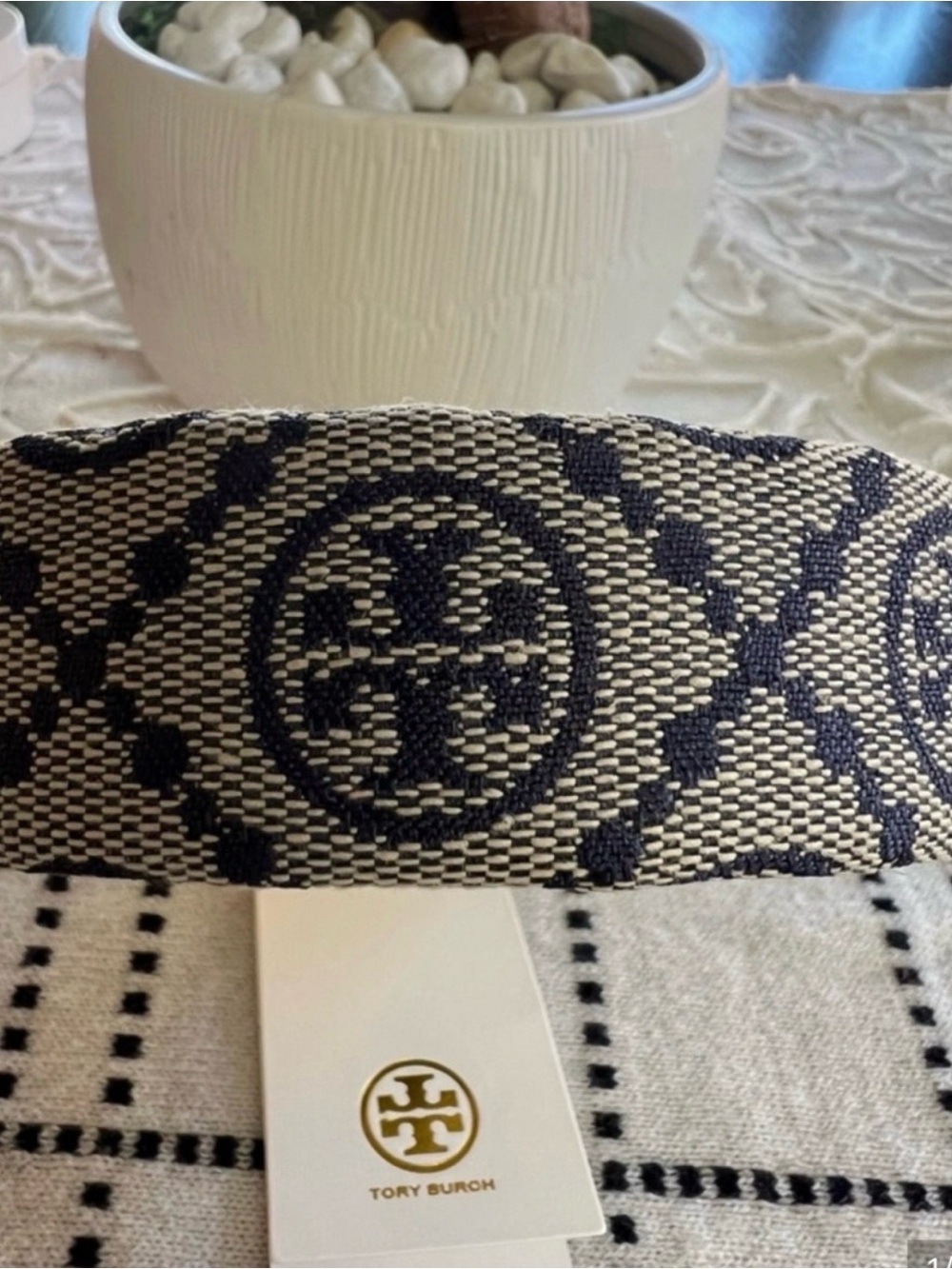 Tory Burch Navy and Ivory Logo Jacquard Headband